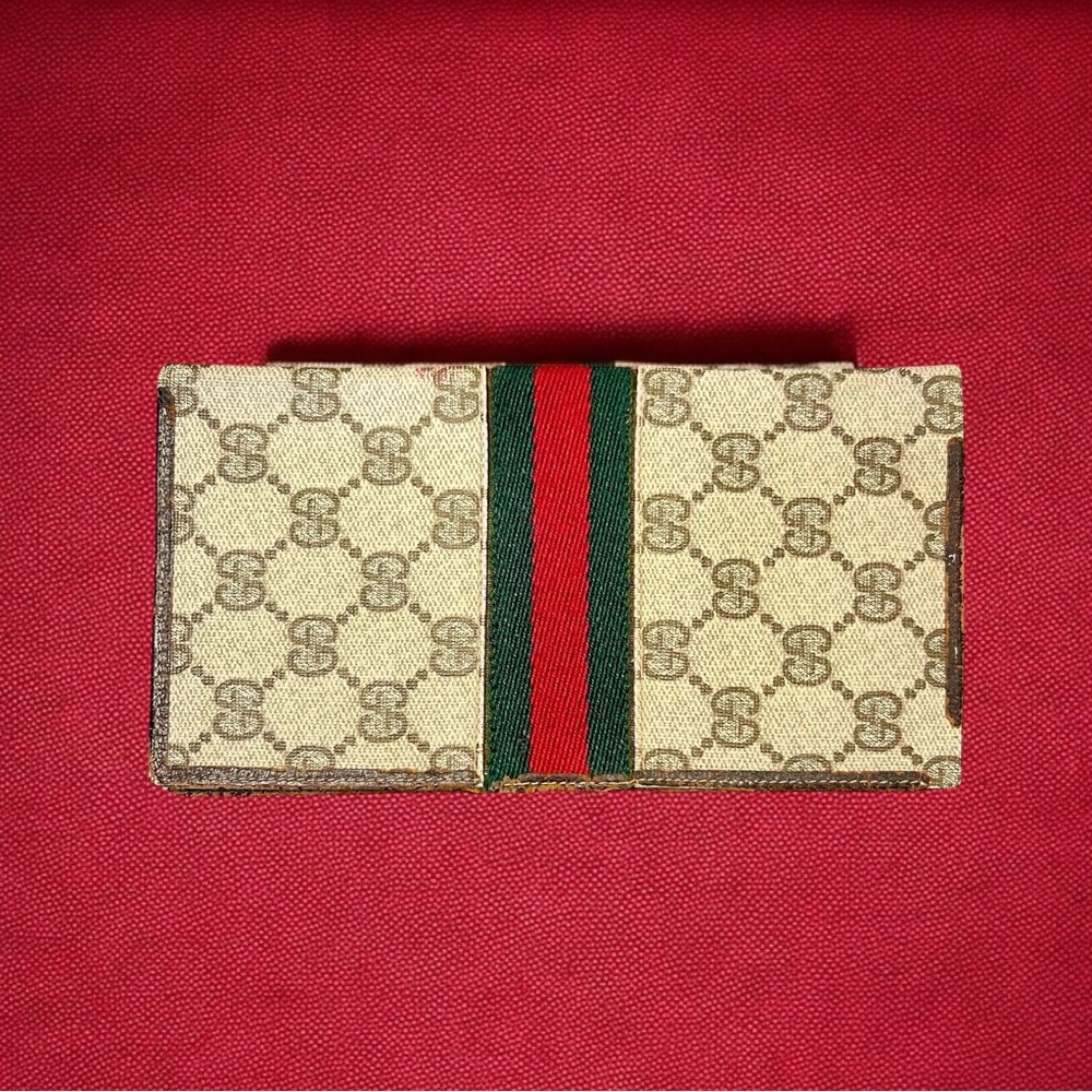 70’s Gucci Red & Green Stripe on Beige Gucci Logo Coated Canvas & Brown Leather - Picture 4 of 14